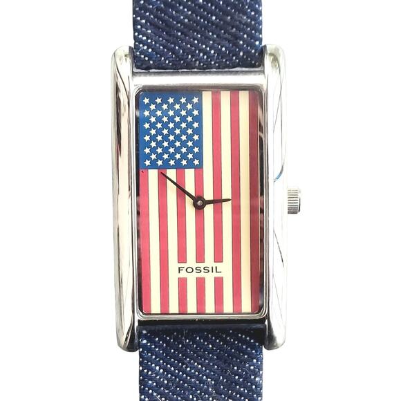 FOSSIL Watch JR-8059 Patriotic US Flag Quartz Stainless Steel Denim Leather - Picture 2 of 8